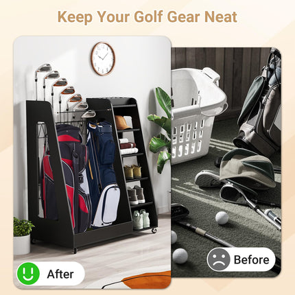 Wooden Golf Bag Organizer and Storage Rack, 2 Golf Bag Storage Rack with Wheels, Golf Storage Organizer for Garage, Suitable for Garage Home Golf Club, Black