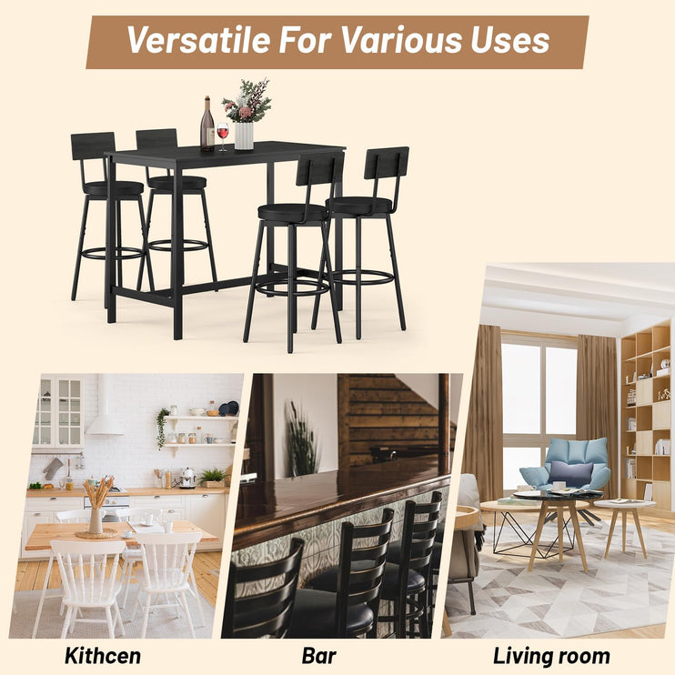 Dining Table Set for 4, 5-Piece Bar Table Set, Kitchen Table and Chairs, Counter Height High Top Table with 4 PU Upholstered Stools, Space-Saving Pub Tables Set for Small Space, Black