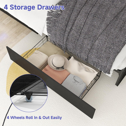 Full Bed Frame with 4 Storage Drawers, Full Size Bed Frame with Headboard, LED, Charging Station with USB Ports & AC Outlets, Sturdy Metal Slat Support, No Noise, Black