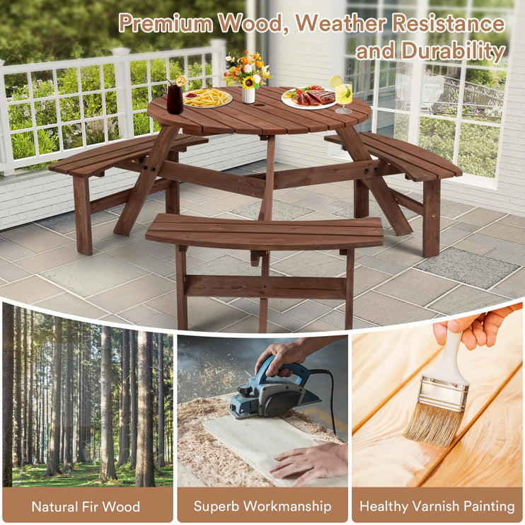 6 Person Wood Picnic Table, Round Tabletop with Umbrella Hole, 3 Built-in Curved Benches, 1720LBS Total Capacity for Patios, Backyard, Brown
