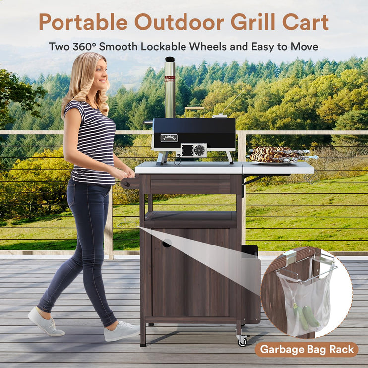 Outdoor Grill Cart with Drop Leaf, Stainless Steel Tabletop Outdoor Kitchen Island, Solid Wood Outdoor Buffet Cabinet with Drawer, Towel Rack, Lockable Wheels for Grilling, Brown/Light Wood Color/Gray-blue