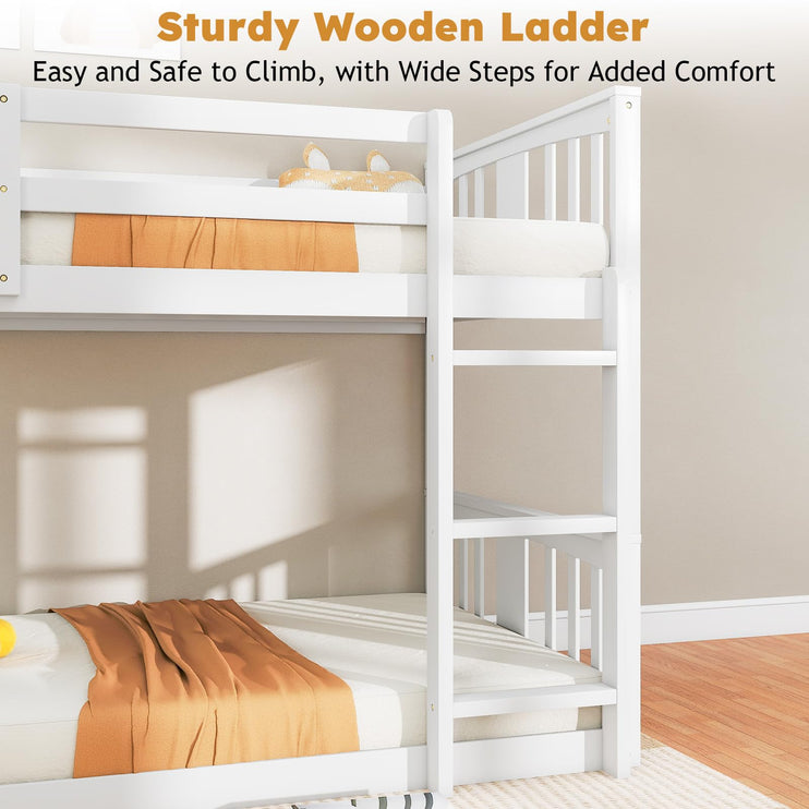Wooden Low Bunk Bed Twin Over Twin, Solid Pine Bed Frame with Built-in Ladder, Convertible Bed Frame That Separates into 2 Twin Beds, Floor Bunk Bed for Small Spaces, Bedroom, White