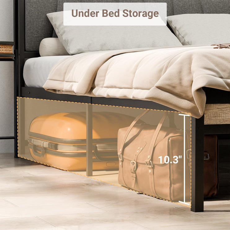 Queen Size Bed Frame with Charging Station, Storage Shelf Headboard with 2 USB Ports & 2 Power Outlets, Platform Bed Frame with 2 Drawers, No Box Spring Needed, Rustic Grey