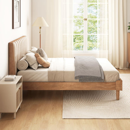 Wood Queen/King Bed Frame with Piano Key Style Upholstered Headboard, Sturdy Solid Wood Framework & Wooden Slat Support, No Box Spring Required, Wheat
