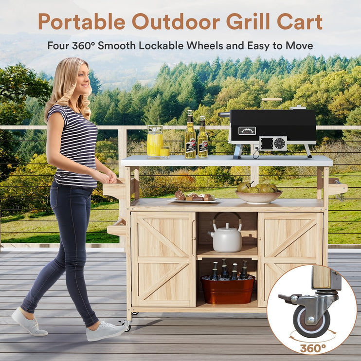 Outdoor Grill Cart with Storage, Stainless Steel Tabletop Outdoor Kitchen Island, Solid Wood Outdoor Buffet Cabinet with Wheels for Grilling, Light Wood Color