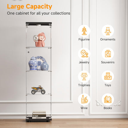 Tempered Glass Display Cabinet with Lights, 4-Tier Curio Cabinet with Glass Doors and Lock, Glass Display Case for Collectibles, for Living Room, Office, Bedroom, Single Door, Black