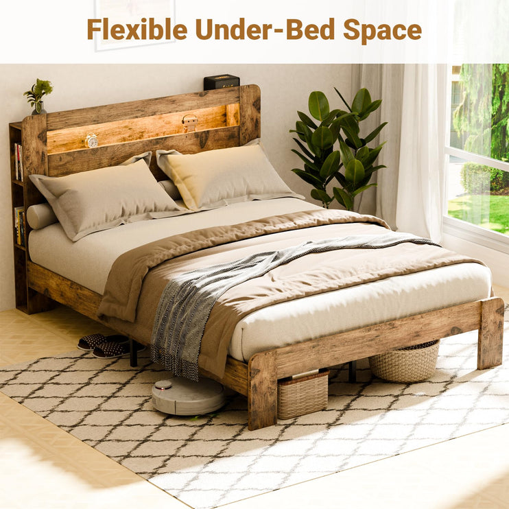 Queen Size Bed Frame with Headboard, Bed Frame Queen Size with Charging Station, Built in LED Light Strip, No Noise, No Box Spring Needed, Rustic Brown(Rectangular Slot)