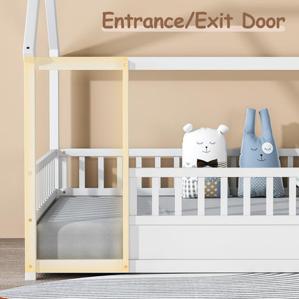 Twin House Bed for Kids, Wooden Montessori Bed with Fence and Roof for Toddlers, Kids Floor Bed Frame for Girls & Boys, Twin Grey