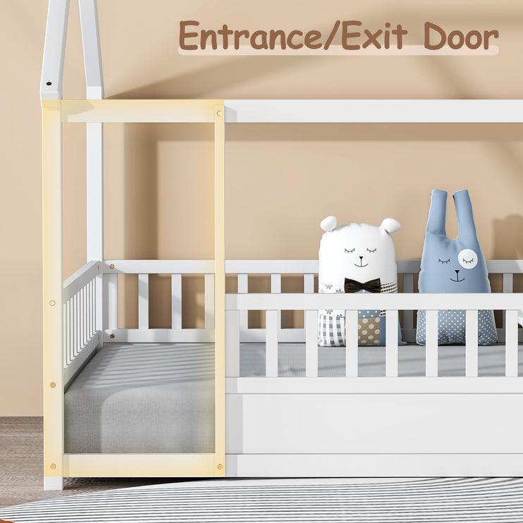 Twin House Bed for Kids, Wooden Montessori Bed with Fence and Roof for Toddlers, Kids Floor Bed Frame for Girls & Boys, Twin Grey