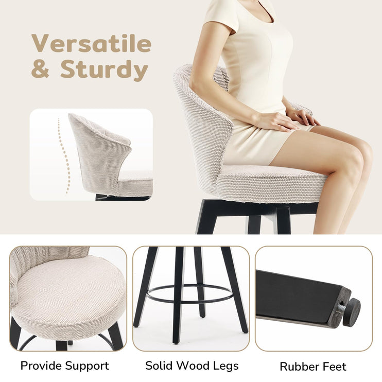 Bar Stools Set of 2, 25" Counter Height Stools, 360° Swivel Bar Stools, Stools for Kitchen Counter, Barstools Set of 2 with Wood Legs & Chenille Upholstery for Pub & Dining Room-White