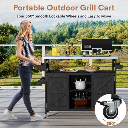Outdoor Grill Cart, Stainless Steel Tabletop Outdoor Kitchen Island, Solid Wood Outdoor Buffet Cabinet with Lockable Wheels for Grilling, Black
