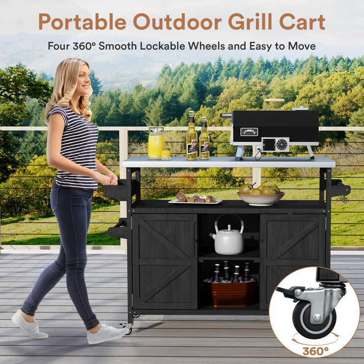Outdoor Grill Cart, Stainless Steel Tabletop Outdoor Kitchen Island, Solid Wood Outdoor Buffet Cabinet with Lockable Wheels for Grilling, Black