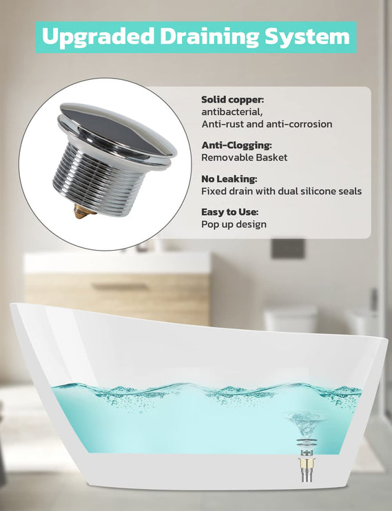 Freestanding Bathtub, 55 inch Acrylic Free Standing Soaking Bathroom Tub with Brushed Nickel-Finished Overflow and Anti-Clogging Drain, Easy Installation