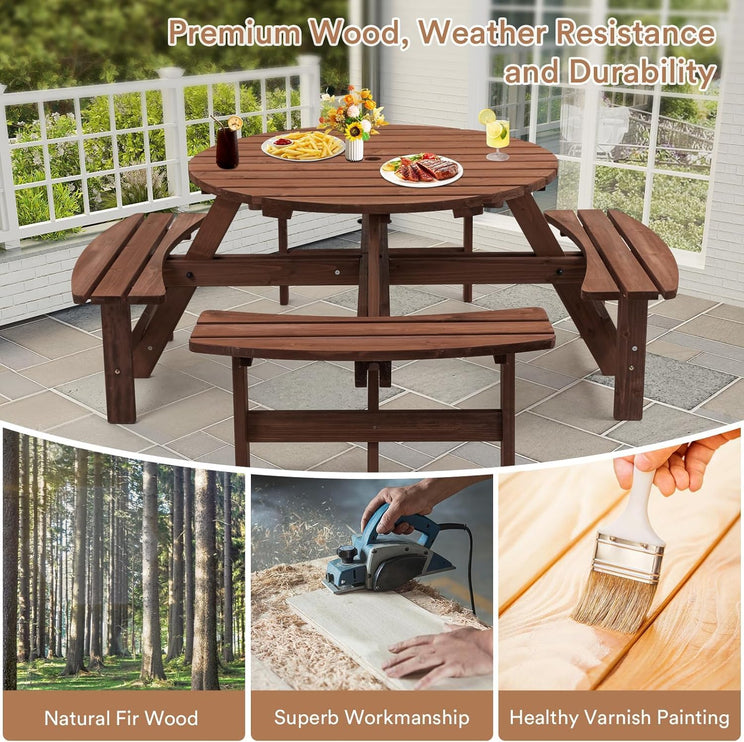 8 Person Wood Picnic Table, Round Tabletop with Umbrella Hole, 4 Integrated Curved Benches, 2220LBS Overall Capacity for Patios, Backyard, Rustic Brown