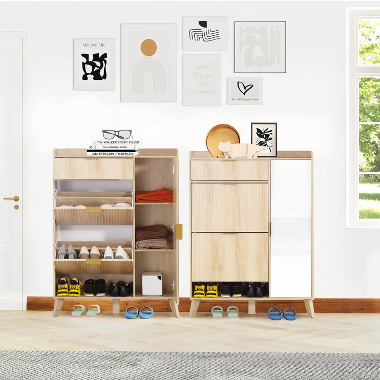 Shoe Storage Cabinet with Mirror, Flip Drawer Shoe Cabinet with Side Cabinet, Anti-Tip Design, Shoe Organizer Cabinet for Entryway, Front Door, Foyer, Hallway, Light Wood Color