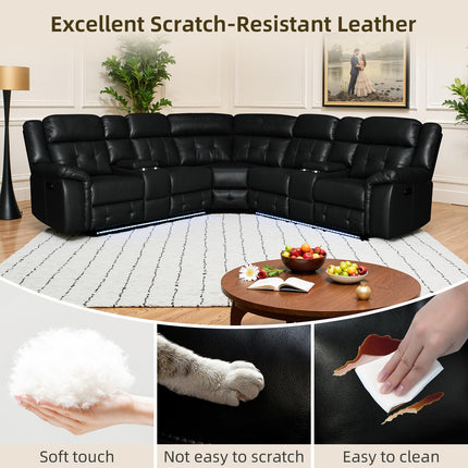 Power Leather Reclining Sofa with LED, Leather Couch with USB Port & Cup Holder/Storage Console for Living Room, Modern Power Recliner Sofa Sets with 2 Recliner Sectional, Brown
