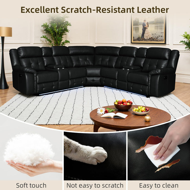 Power Leather Reclining Sofa with LED, Leather Couch with USB Port & Cup Holder/Storage Console for Living Room, Modern Power Recliner Sofa Sets with 2 Recliner Sectional, Brown
