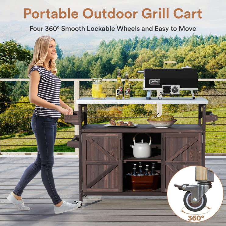 Outdoor Grill Cart with Storage Space, Stainless Steel Tabletop Outdoor Kitchen Island, Fir Wood Outdoor Buffet Cabinet with Lockable Casters for Grilling, Brown