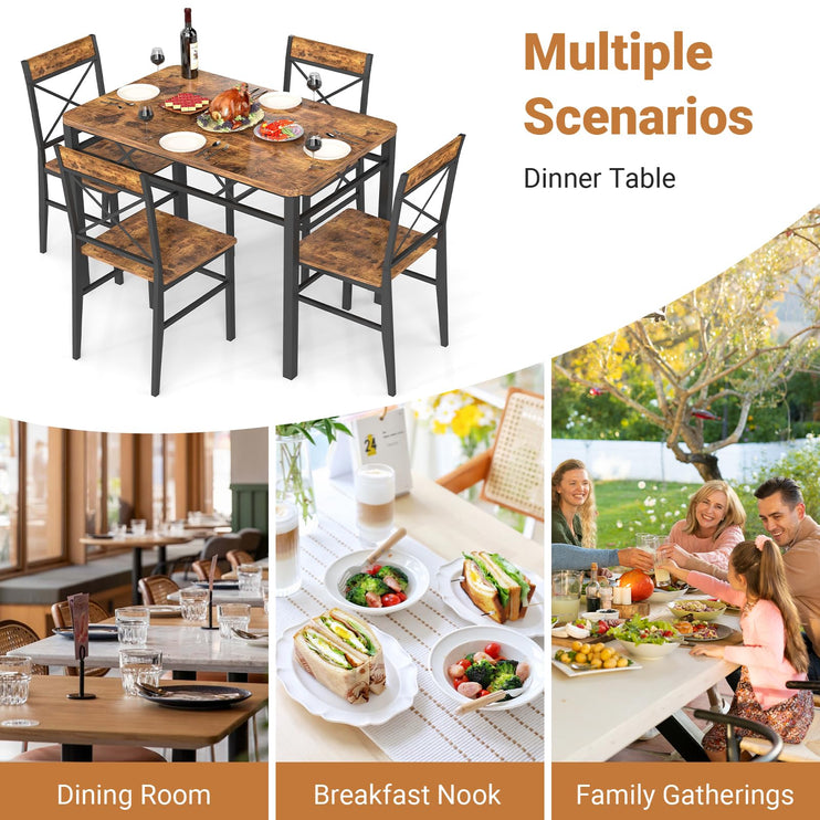 5-Piece Dining Table Set, Dining Table Set for 4, Small Kitchen Table Set for 4, Wood Dining Room Table, with 4 Curved Backrest Chairs, Compact Dining Set for Small Spaces & Kitchen-Brown