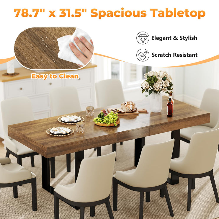 63"-78.7" Expandable Dining Table, 6-10 Extendable Dining Table, Farmhouse Kitchen Table with Slide Track, Tapered U-Shaped Wood Legs for Dining Room, Living Room-Brown