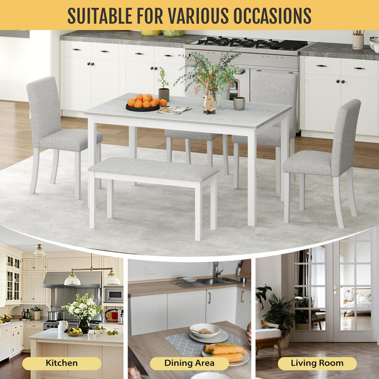 6-Piece Solid Wood Dining Table Set, Including 1 Dining Table, 4 Upholstered Chairs and 1 Bench, Wooden Legs Dining Table Set for Dining Room, Kitchen, Restaurant, White Diamond