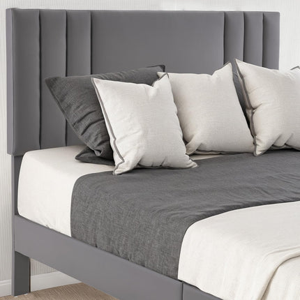 Upholstered Bed Frame King, PU Leather Upholstered Bed Frame with Headboard, Mattress Foundation with Sturdy Wooden Slats, No Box Spring Needed, No Noise, Grey
