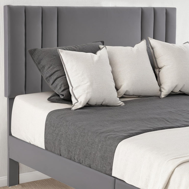 Upholstered Bed Frame King, PU Leather Upholstered Bed Frame with Headboard, Mattress Foundation with Sturdy Wooden Slats, No Box Spring Needed, No Noise, Grey