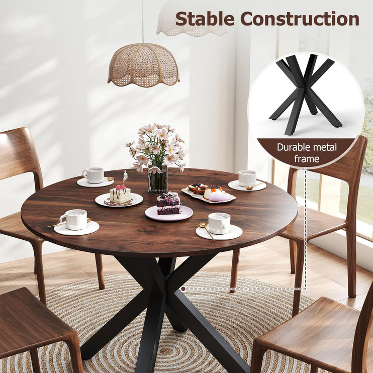 Round Dining Table, 42" Kitchen Dining Table for 4-6, Small Round Table with Metal Cross Legs, Modern Round Dining Room Table for Kitchen, Apartment, Living Room, Brown
