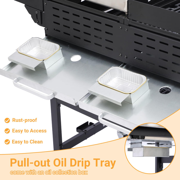 4 Burner Gas Grill and Griddle Combo with Foldable Side Table, Wheels, Stainless Steel Burners, Hooks, 38,240 BTU Gas Grill for Patio, Garden Barbecues