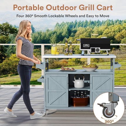 Outdoor Grill Cart with Storage, Stainless Steel Tabletop Outdoor Kitchen Island, Fir Wood Outdoor Buffet Cabinet with Lockable Wheels for Grilling, Gray-Blue