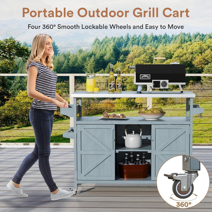 Outdoor Grill Cart with Storage, Stainless Steel Tabletop Outdoor Kitchen Island, Fir Wood Outdoor Buffet Cabinet with Lockable Wheels for Grilling, Gray-Blue