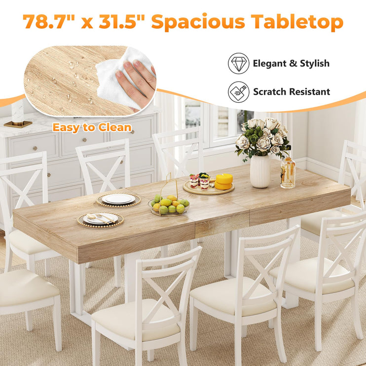 63"-78.7" Expandable Dining Table, 6-10 Farmhouse Kitchen Table, Extendable Dining Table, Rectangular Kitchen Table with Metal Track, Tapered U-Shaped Legs for Dining Room, Office-Oak