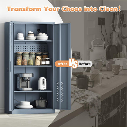 72" H Metal Storage Cabinet, Garage Storage Cabinet with 2 Doors and 4 Adjustable Shelves, Tall Lockable Cabinet for Kitchen, Office, Home or Garage（Grey）