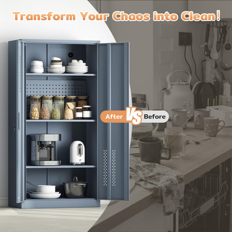 72" H Metal Storage Cabinet, Garage Storage Cabinet with 2 Doors and 4 Adjustable Shelves, Tall Lockable Cabinet for Kitchen, Office, Home or Garage（Grey）