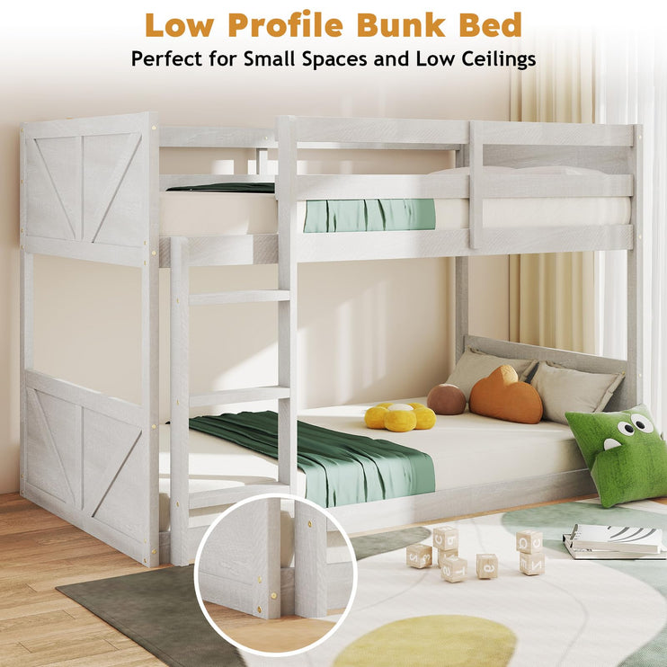 Wooden Bunk Bed Twin Over Twin, Low Bunk Bed, Solid Rubberwood Bed Frame with Built-in Ladder, Floor Bunk Bed for Bedroom, Space Saving, No Box Spring Needed, Antique White