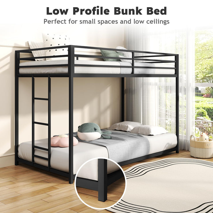Twin Over Twin Bunk Bed, Metal Low Profile Bunkbeds with Full-Length Guardrail and Ladder, Space Saving, No Boxing Spring Needed, Black