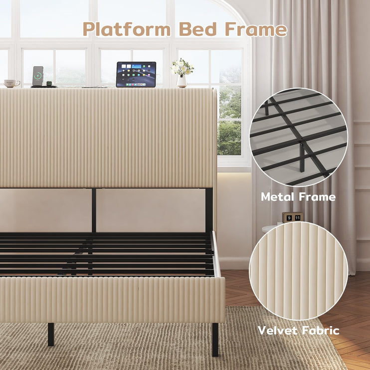 Full Size Velvet Bed Frame with Upholstered Headboard, Tufted Velvet Wingback Storage Headboard, Full Platform Bed Frames w/Charging Station & LED Light, Underbed Storage Space, Beige