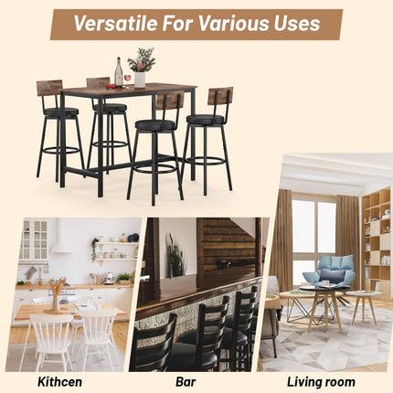 Dining Table Set for 4, 5-Piece Bar Table Set, Kitchen Table and Chairs, Counter Height High Top Table with 4 PU Upholstered Stools, Space-Saving Pub Table Sets for Small Space, Brown
