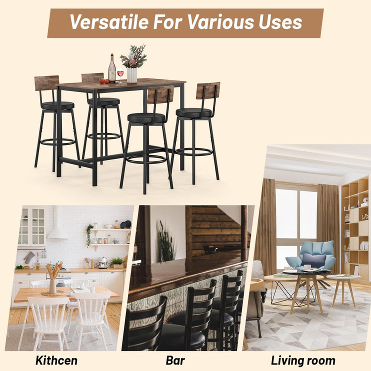 Dining Table Set for 4, 5-Piece Bar Table Set, Kitchen Table and Chairs, Counter Height High Top Table with 4 PU Upholstered Stools, Space-Saving Pub Table Sets for Small Space, Brown