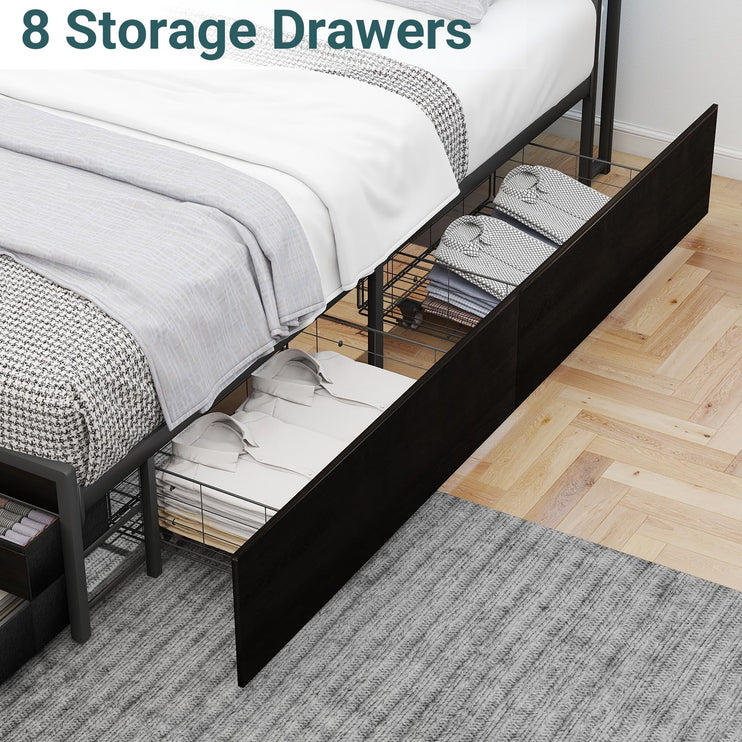 Queen Bed Frames with Headboard, Queen Size Storage Bed Frame with 8 Drawers, Built-in Charging Ports & Outlets, Adjustable Atmospheric LED Lights, Queen-Size Metal Foundation Beds, Black