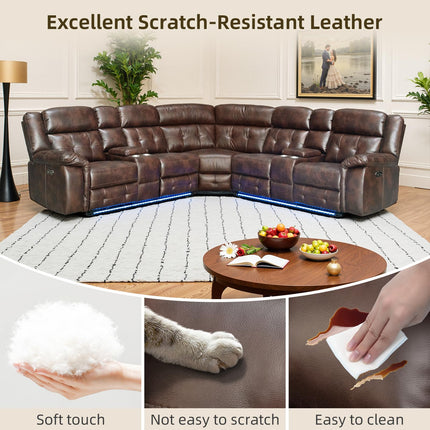 Power Leather Reclining Sofa with LED, Leather Couch with USB Port & Cup Holder/Storage Console for Living Room, Modern Power Recliner Sofa Sets with 2 Recliner Sectional, Brown