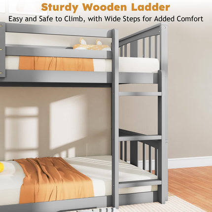 Wooden Bunk Bed Twin Over Twin, Low Bunk Bed, Solid Pine Wood Bed Frame with Built-in Ladder, Convertible Bed Frame That Separates into 2 Twin Beds, Floor Bunk Bed for Bedroom, Gray
