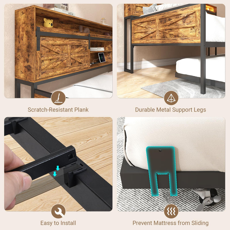 Twin Daybed with Trundle Bed, Rustic Farmhouse Daybed Frame with Sliding Barn Door Headboard LED Lights and Charging Station, Heavy Duty Metal Daybed for Bedroom Living Room Guest Room Brown