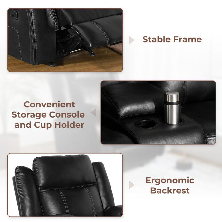 Leather Manual Recliner Sofa Set, Reclining Sofa Chair with Adjustable Angle, Living Room Furniture Sets, Includes Single Recliner Chair and Loveseat Sofa, Black