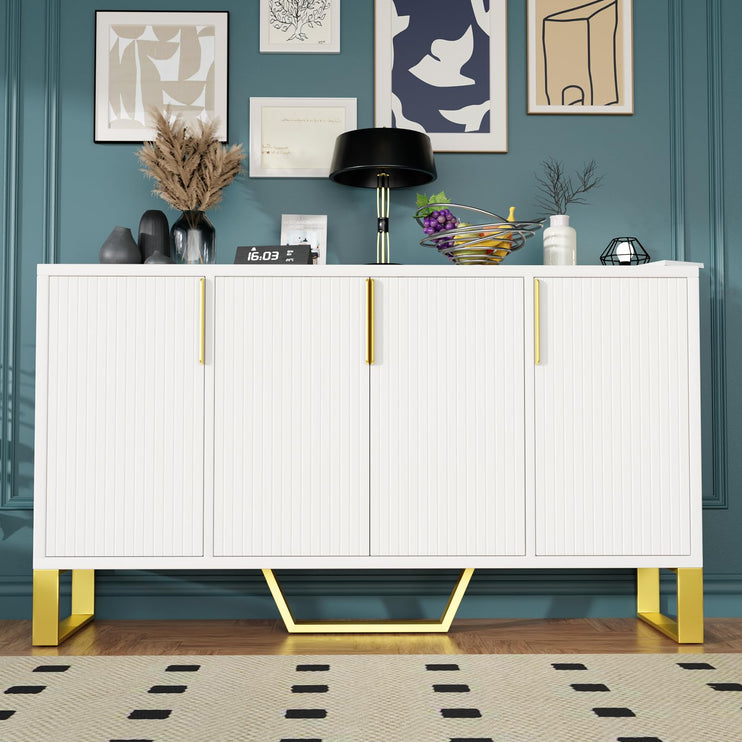 Buffet Sideboard Storage Cabinet 60inch Coffee Bar Console Table with Adjustable Shelf, 4 Doors, White