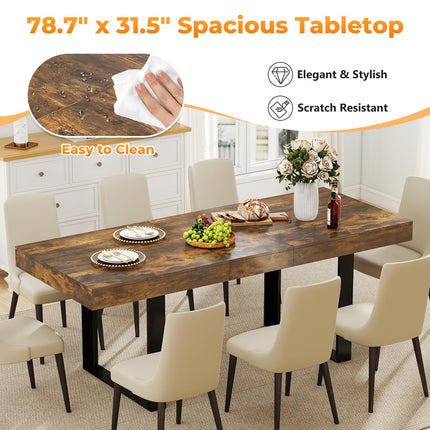 63"-78.7" Expandable Dining Table, 6-10 Farmhouse Kitchen Table, Extendable Dining Table, Rectangular Kitchen Table with Metal Track, Tapered U-Shaped Leg for Dining Room,Office-Rustic Brown