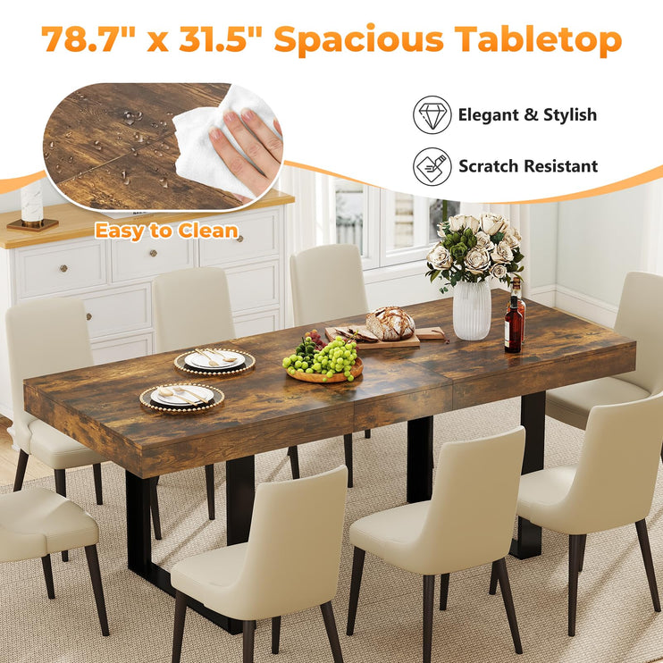 63"-78.7" Expandable Dining Table, 6-10 Farmhouse Kitchen Table, Extendable Dining Table, Rectangular Kitchen Table with Metal Track, Tapered U-Shaped Leg for Dining Room,Office-Rustic Brown