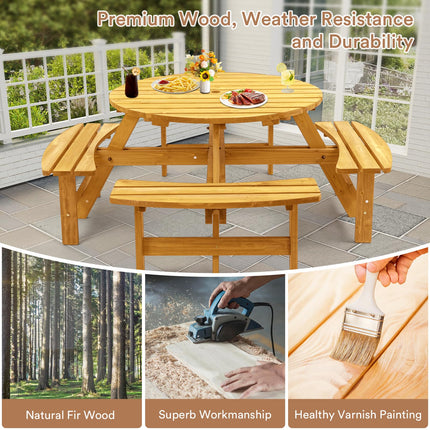 8 Person Wood Picnic Table, Round Tabletop with Umbrella Hole, 4 Built-in Curved Benches, 2220LBS Total Capacity for Patios, Backyard, Light Wood Color