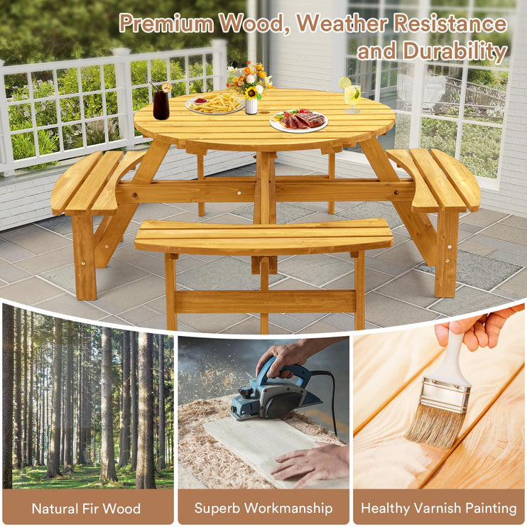 8 Person Wood Picnic Table, Round Tabletop with Umbrella Hole, 4 Built-in Curved Benches, 2220LBS Total Capacity for Patios, Backyard, Light Wood Color
