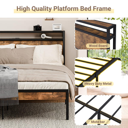 Queen Size Bed Frame with Headboard, Headboard with Charging Station, 2 USB Port & 2 AC Power Outlet, Queen Metal Platfrom Bed Frames No Box Spring Needed, Sturdy & Assembly, Brown